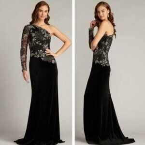 Tadashi Shoji One Shoulder Lace Sequin Black Silver Velvet Gown 6 NWT $518